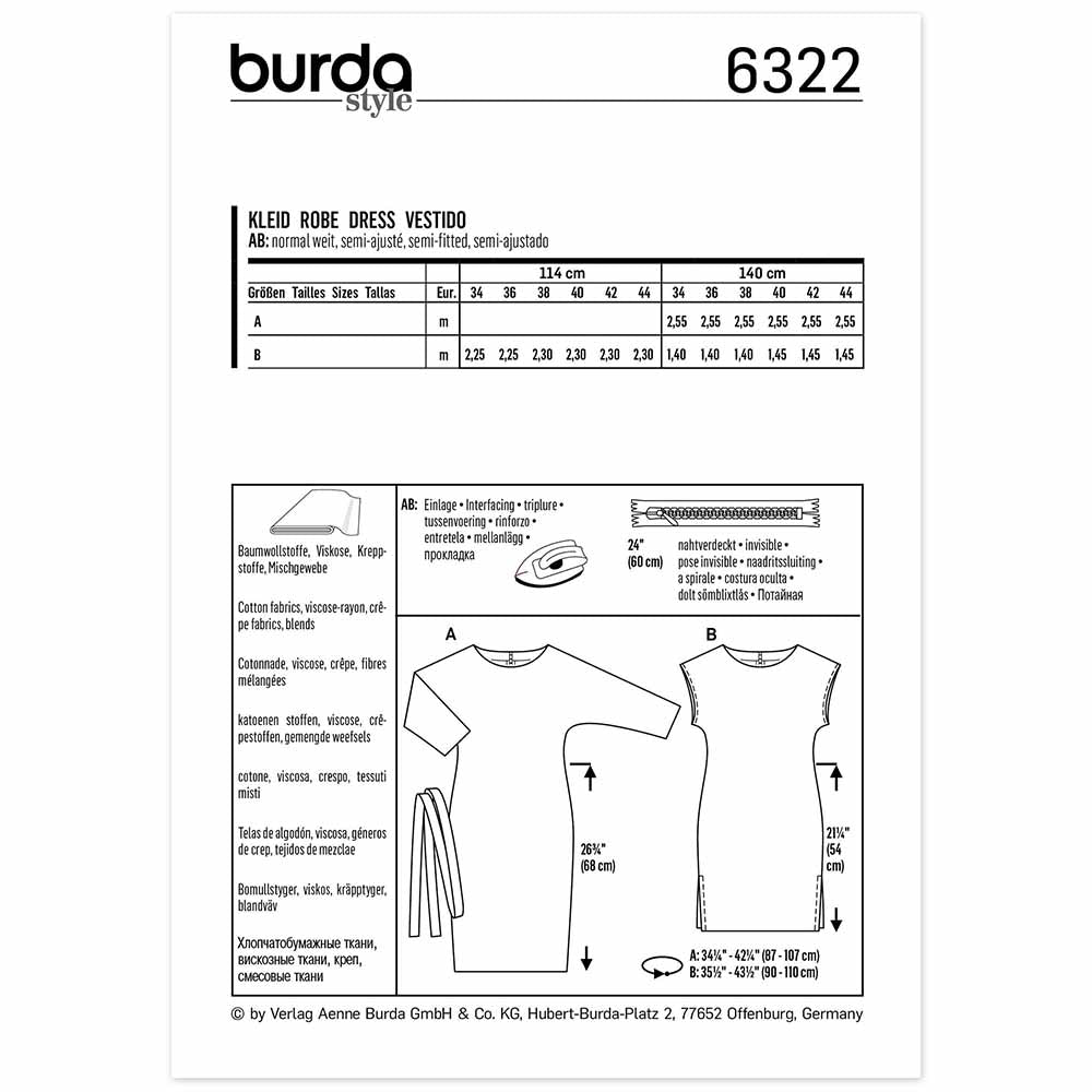 BURDA Sewing Pattern Pattern 6322 Dress Batwing Sleeves