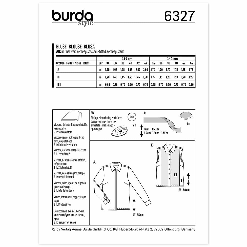 BURDA Sewing Pattern Pattern 6327 Shirt Blouse Concealed Fastening