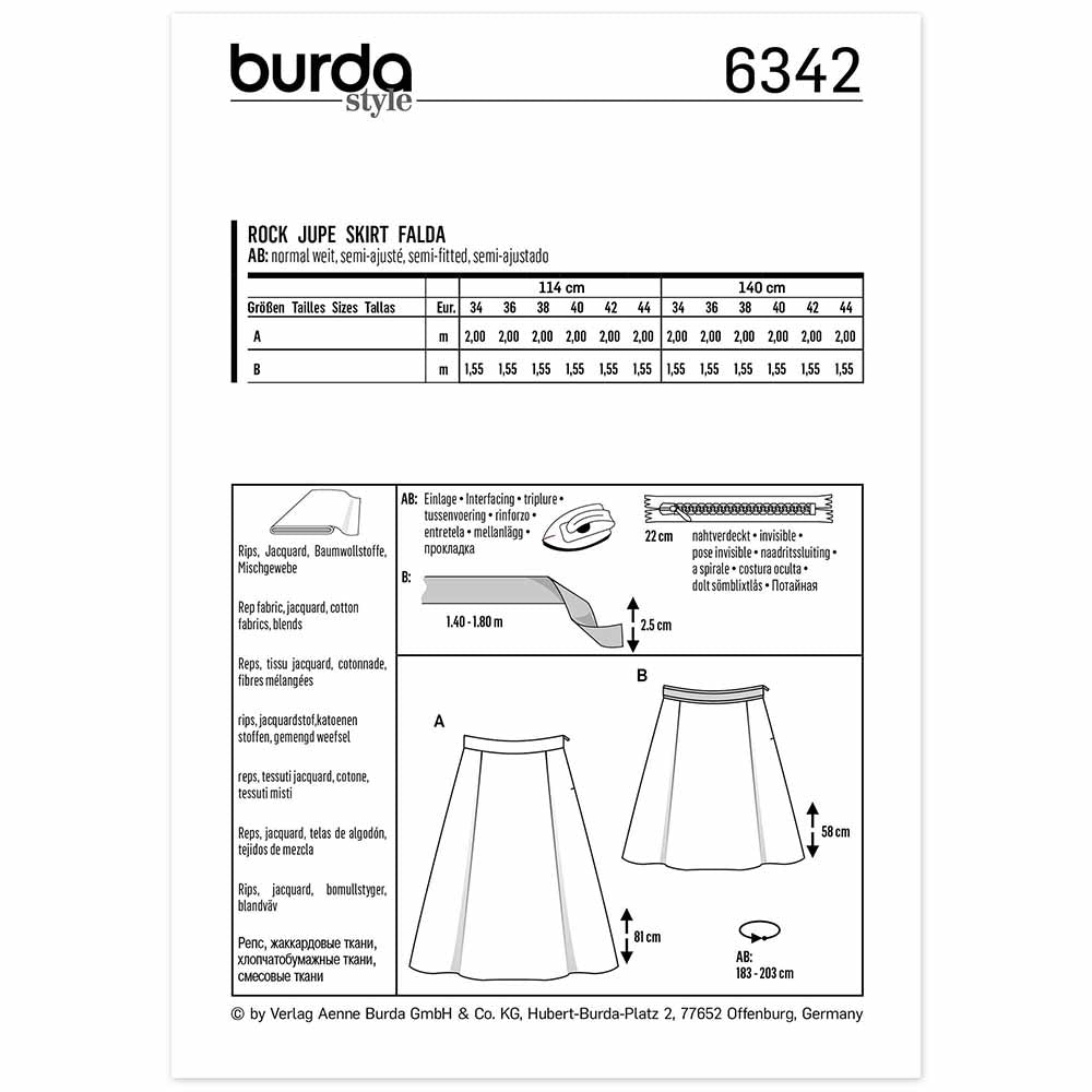 BURDA Sewing Pattern 6342 A-Line Skirt, Deep Side Pleats