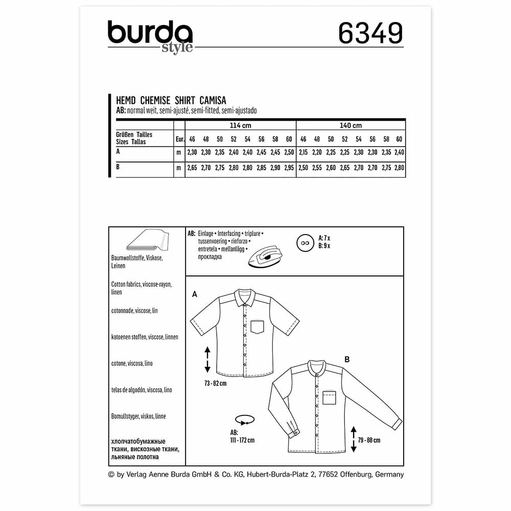 BURDA Sewing Pattern 6349 Men’s Shirt, Short/Long Sleeves