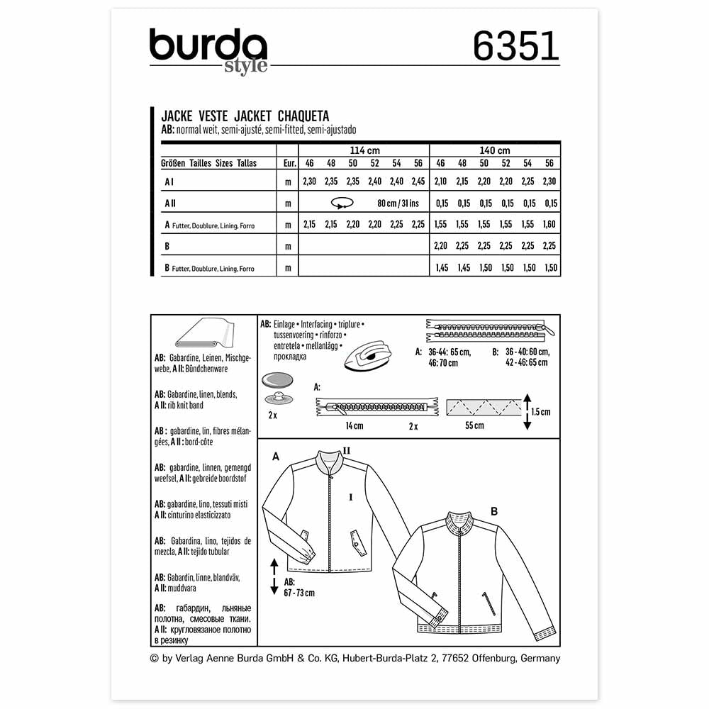 BURDA Sewing Pattern 6351 Men’s Blouson Jacket, Zipper Front