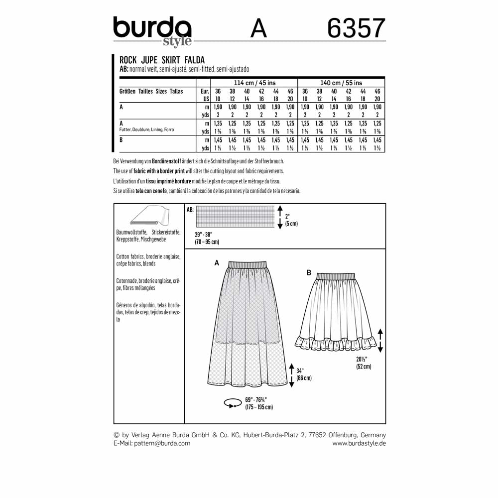 BURDA Sewing Pattern 6357 Gathered Skirt, Elastic Waist