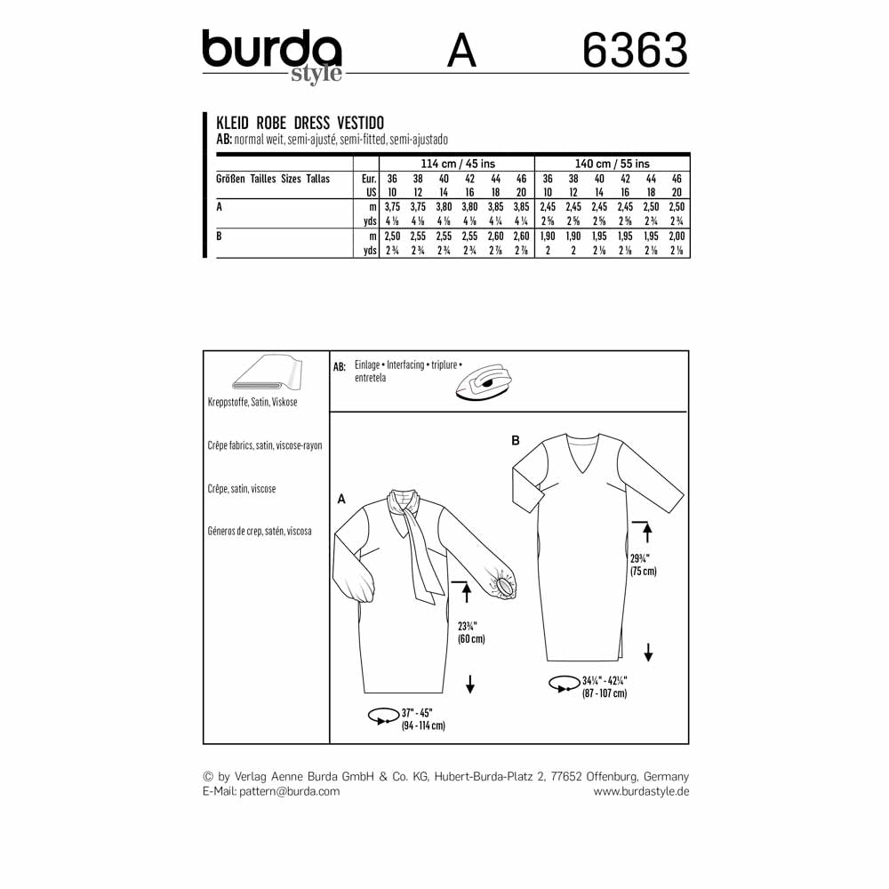 BURDA Sewing Pattern 6363 V-Neck Dress, Tie Collar Option