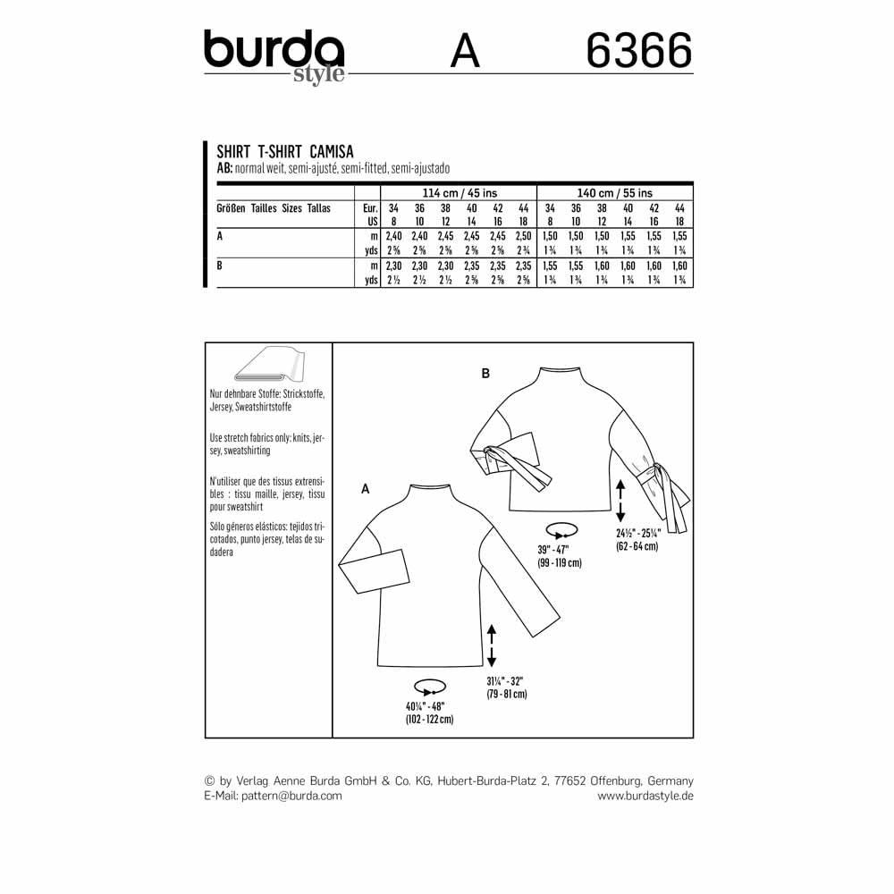 BURDA Sewing Pattern 6366 Top, Integral Stand Collar