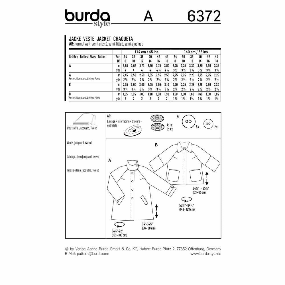 BURDA Sewing Pattern 6372 Raglan Jacket, Flared Shape