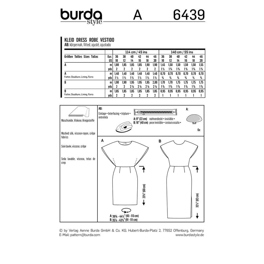 BURDA Sewing Pattern 6439 Dress With Back Detail And Batwing Option