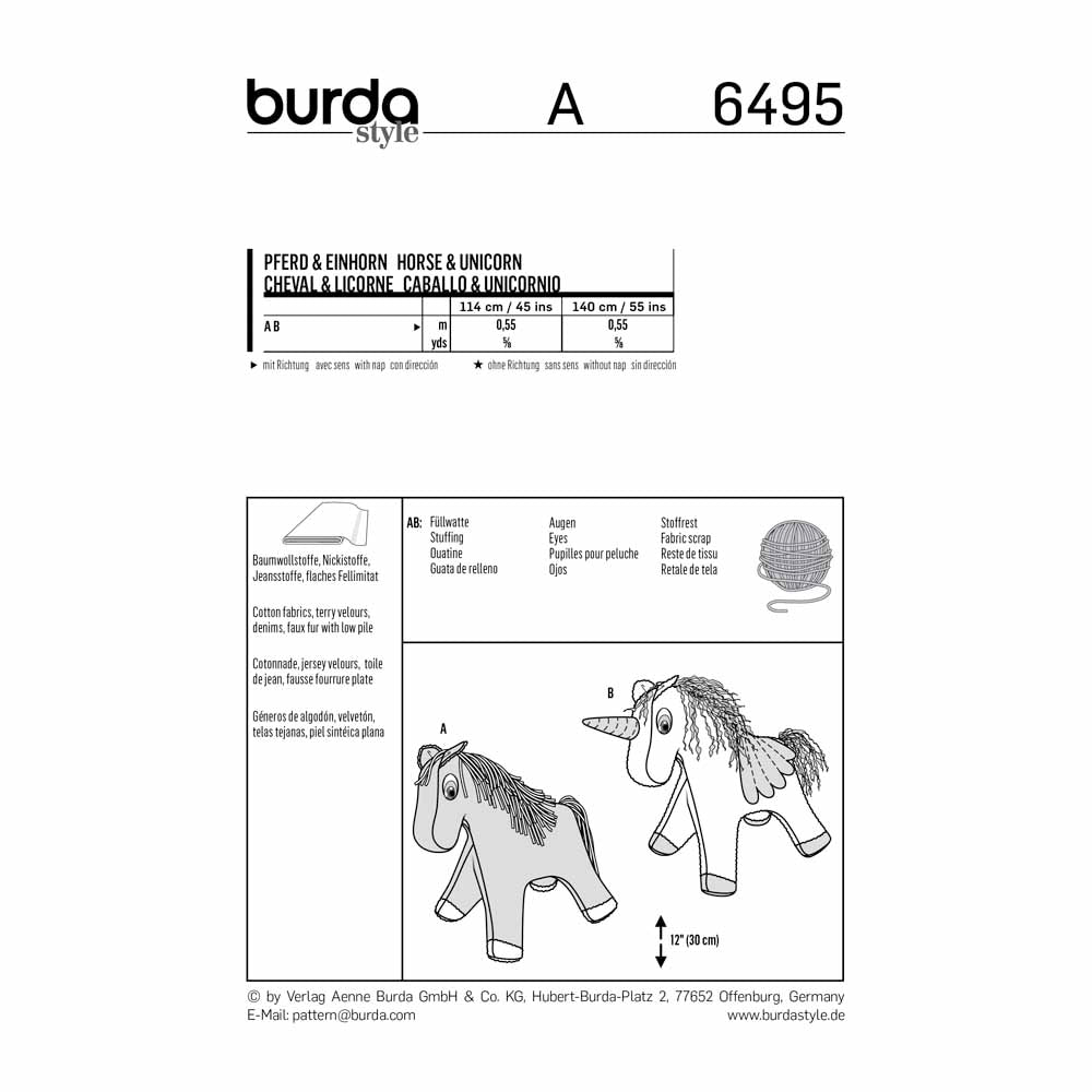 BURDA Sewing Pattern 6495 Stuffed Animal Horse/Unicorn