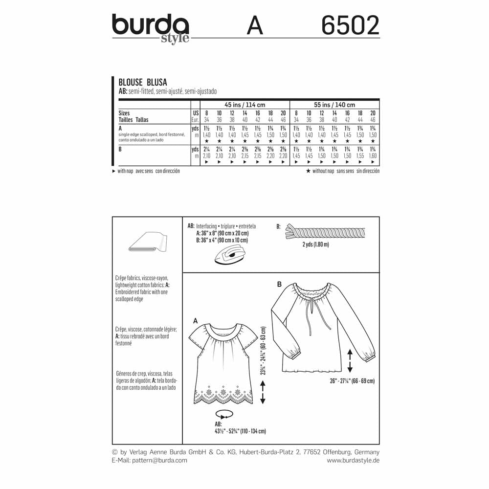 BURDA Sewing Pattern 6502 Peasant Blouses