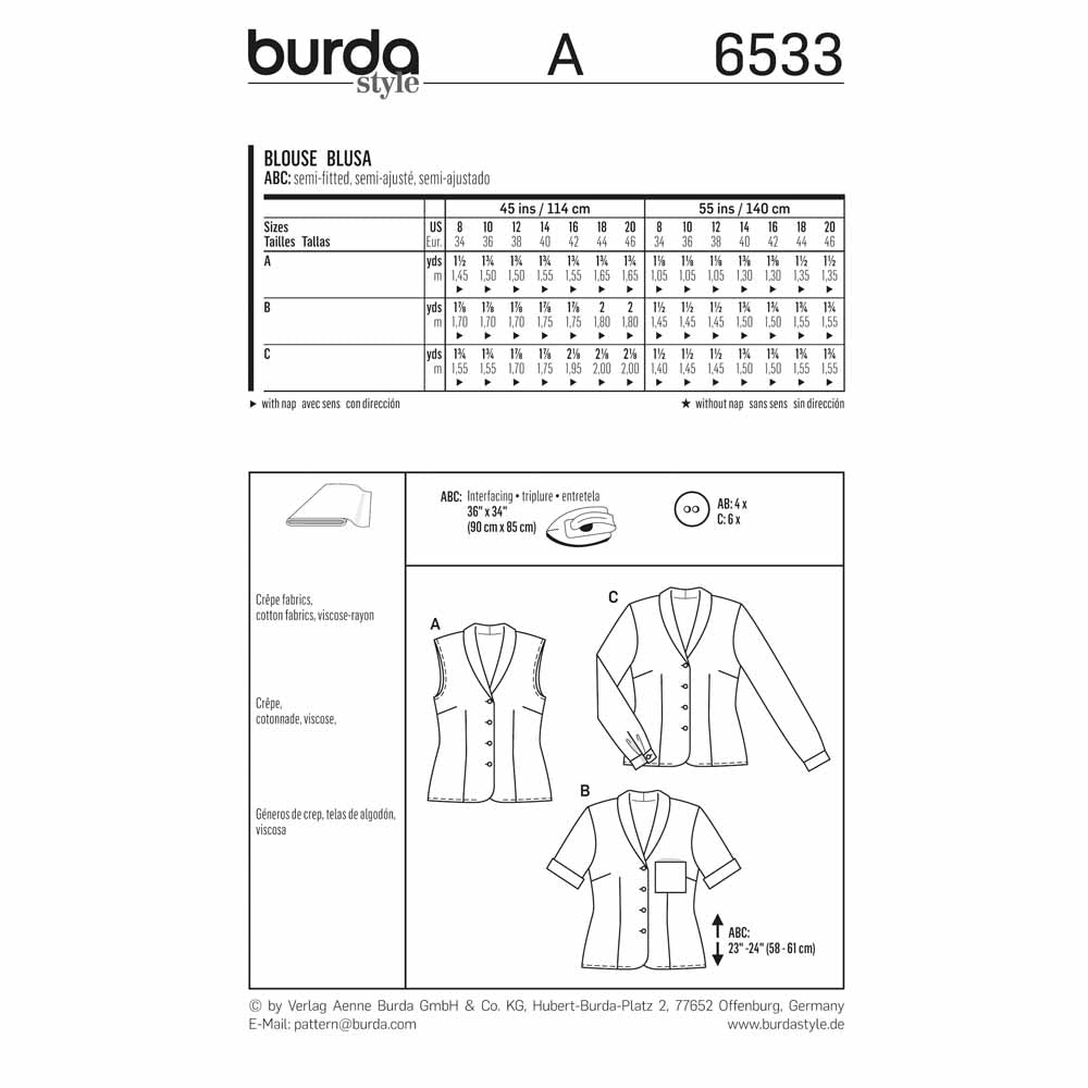 BURDA Sewing Pattern 6533 Shawl-Collar Blouse