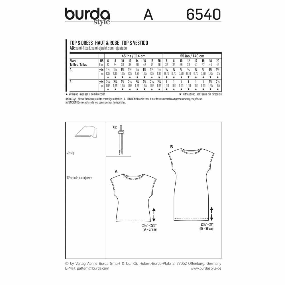 BURDA Sewing Pattern Pattern 6540 Ladies Top & Dress