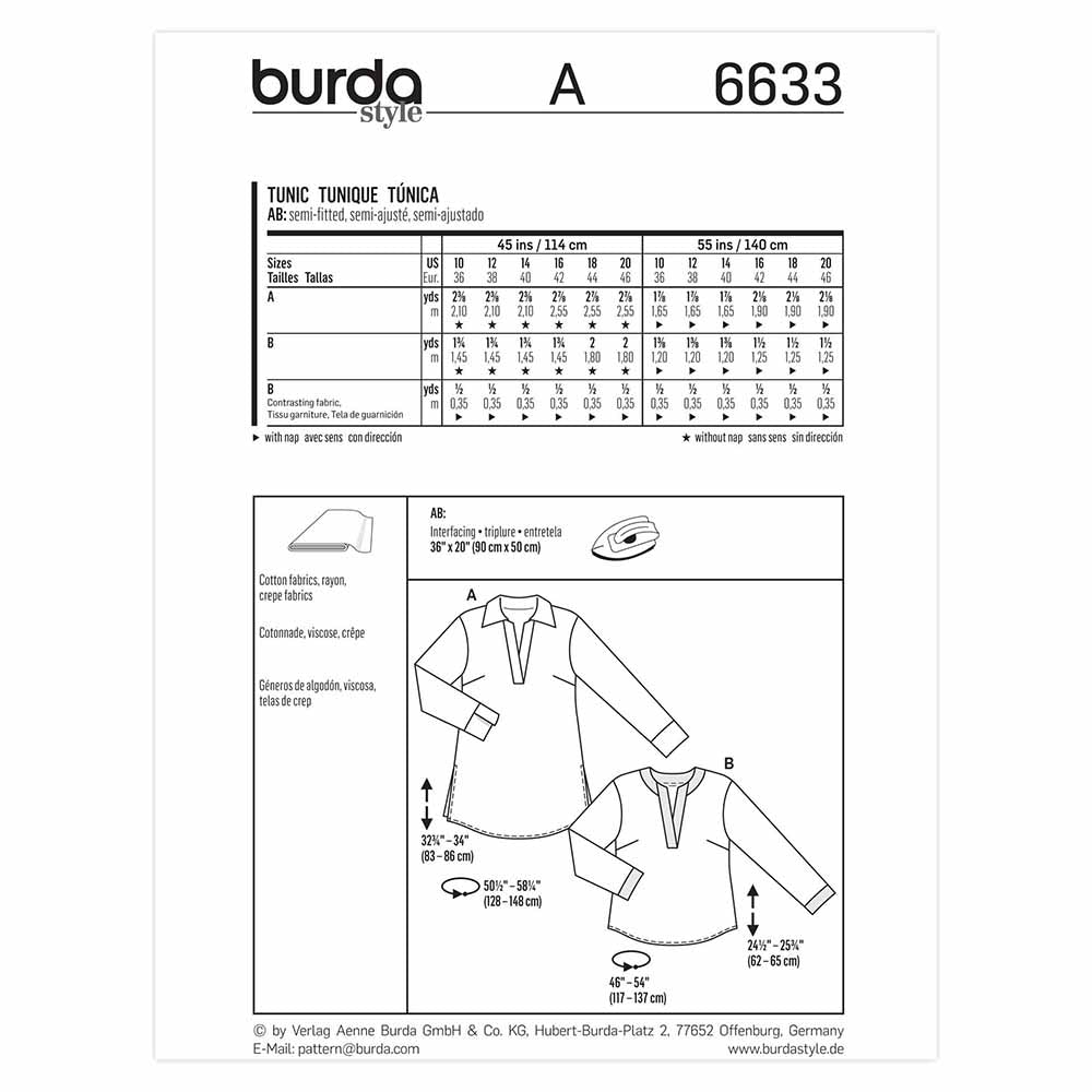 BURDA Tunic Sewing Pattern 6633 Collar Or Round Neck
