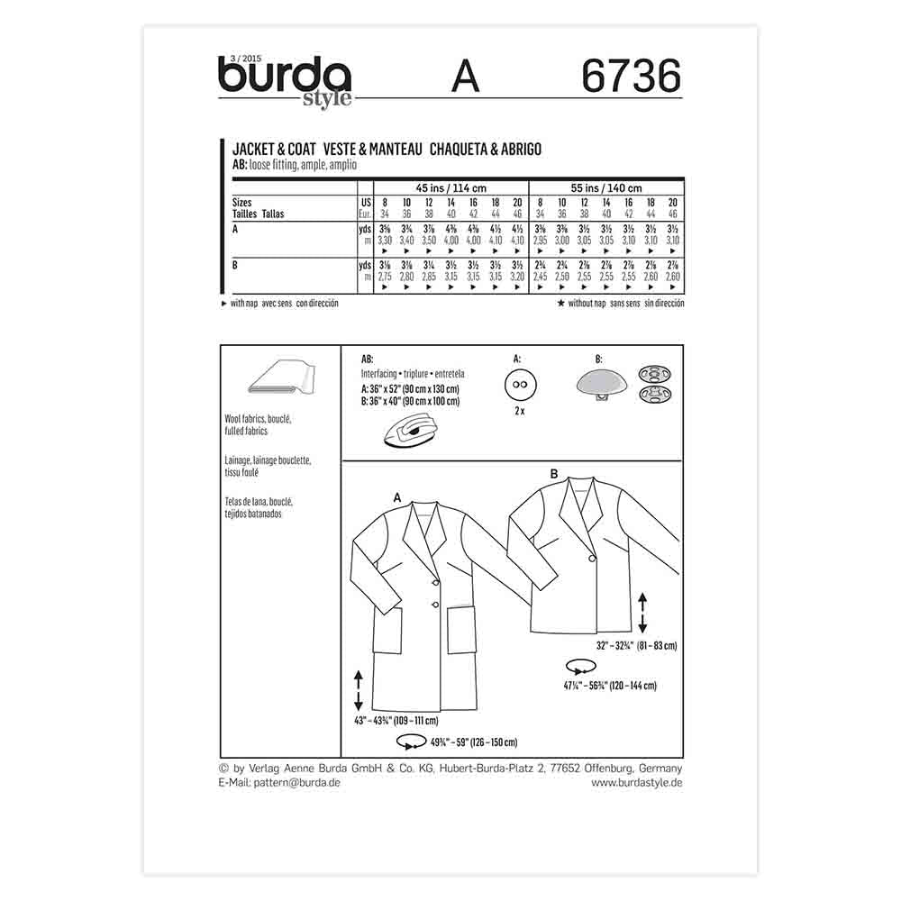 BURDA Jacket And Coat Sewing Pattern 6736