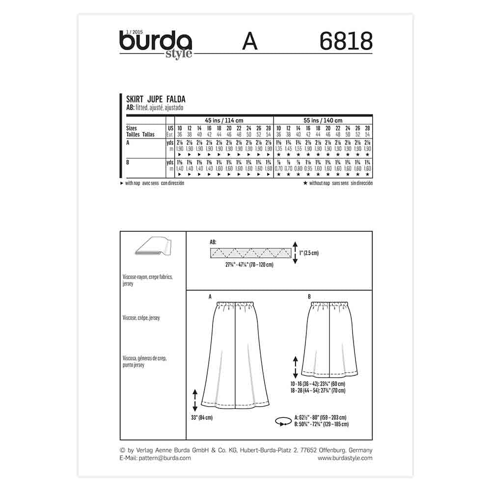 BURDA Sewing Pattern 6818 Skirt