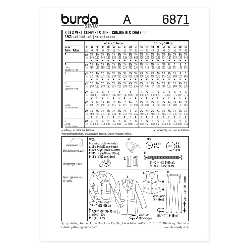 BURDA Sewing Pattern 6871 Men's Suit And Vest