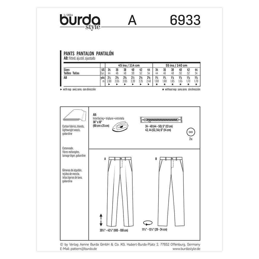 BURDA Sewing Pattern 6933 Men's Trousers Sizes 34–44