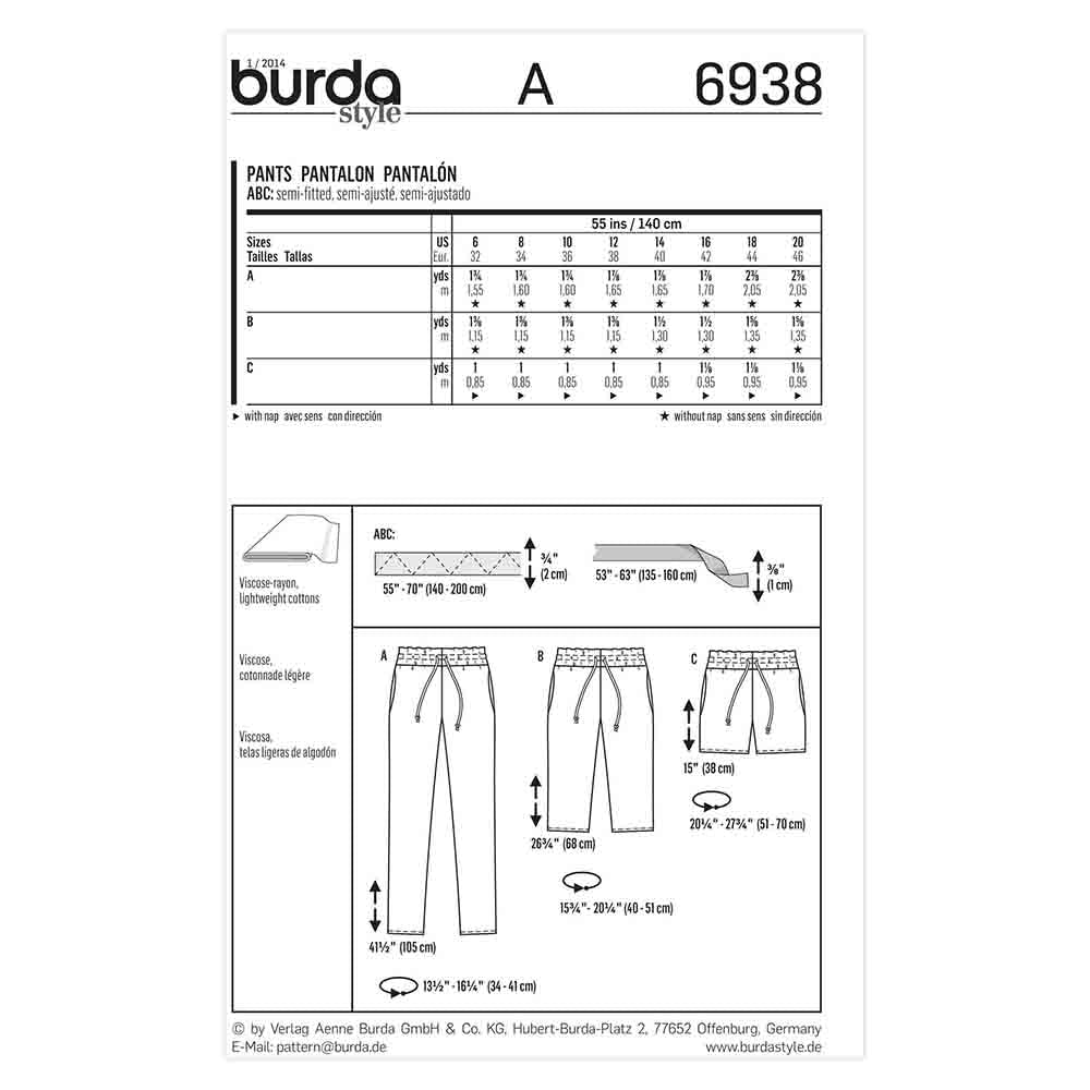 BURDA Sewing Pattern 6938 Women's Trousers & Shorts Sizes 6–20
