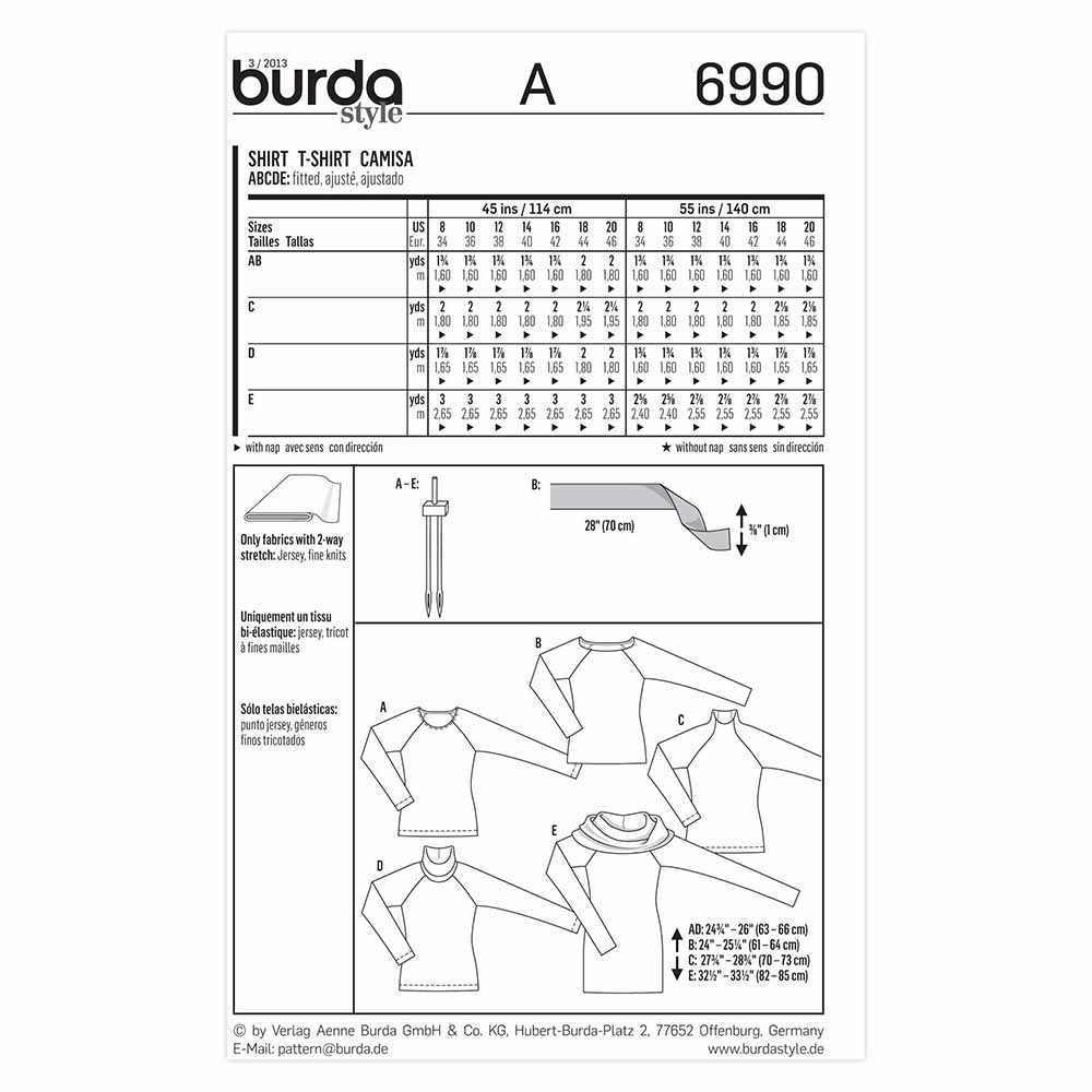 BURDA Sewing Pattern 6990 Women's Raglan Tops Sizes 8–20