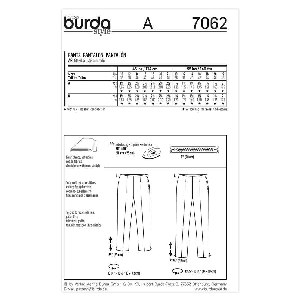 BURDA Sewing Pattern Pattern 7062 Ladies Pants