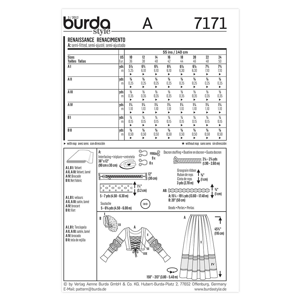 BURDA Sewing Pattern Pattern 7171 Costume Ladies-historical