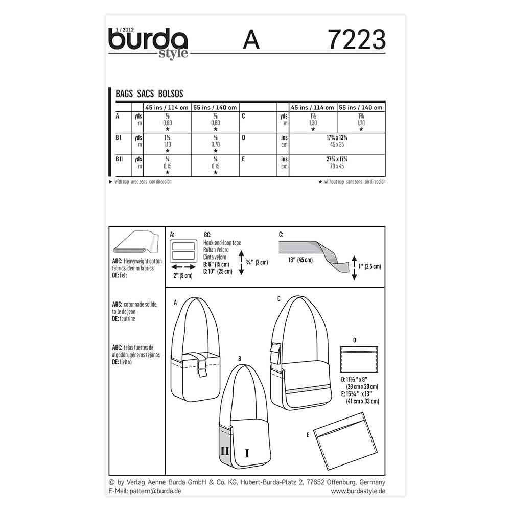 BURDA Sewing Pattern Pattern 7223 Accessory Bags