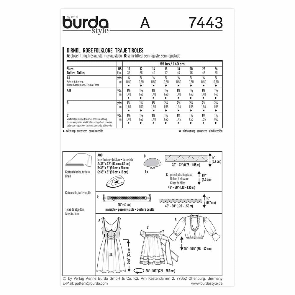 BURDA Sewing Pattern Pattern 7443 Costume Ladies Folklore