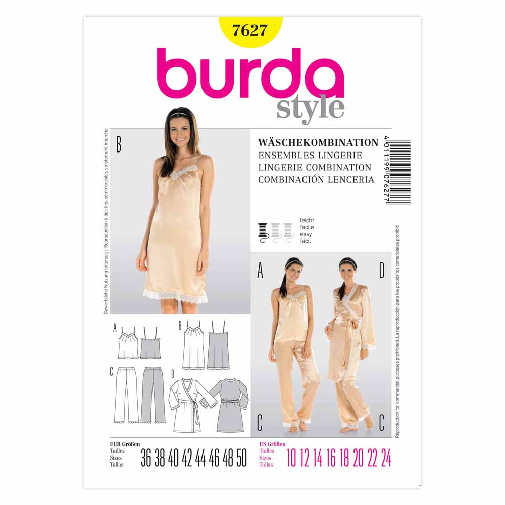 BURDA Lingerie Coordinates Sewing Pattern 7627, Sizes 10–24