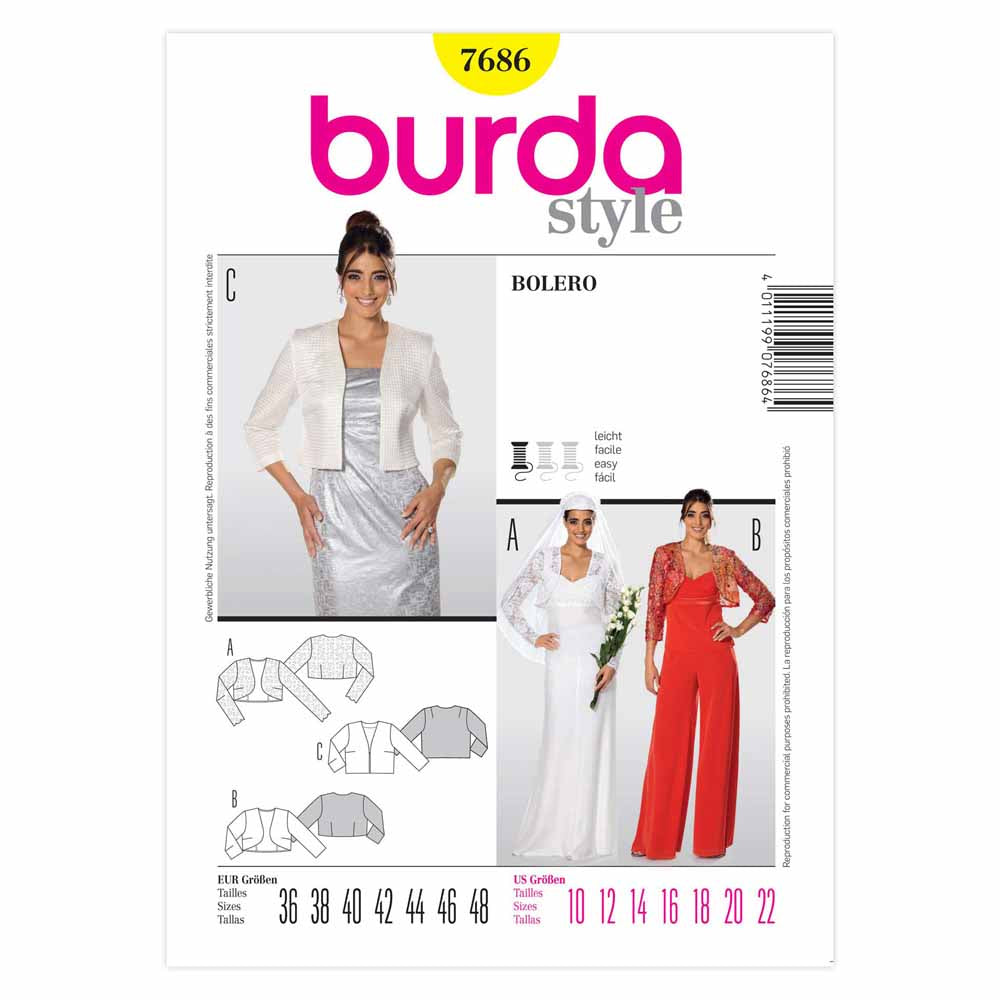 BURDA Bolero & Waist Jacket Sewing Pattern 7686, Sizes 10–22