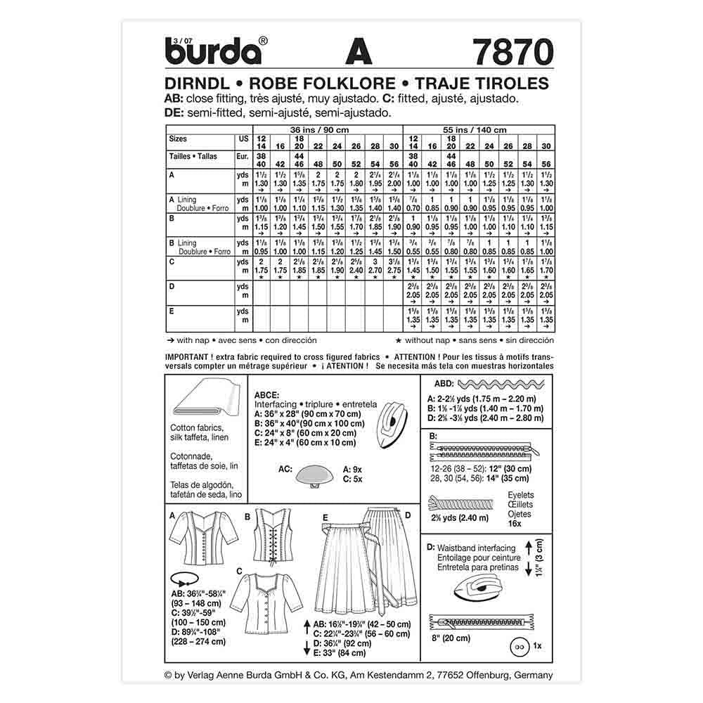 BURDA Dirndl Dress Sewing Pattern 7870, Sizes 12–28