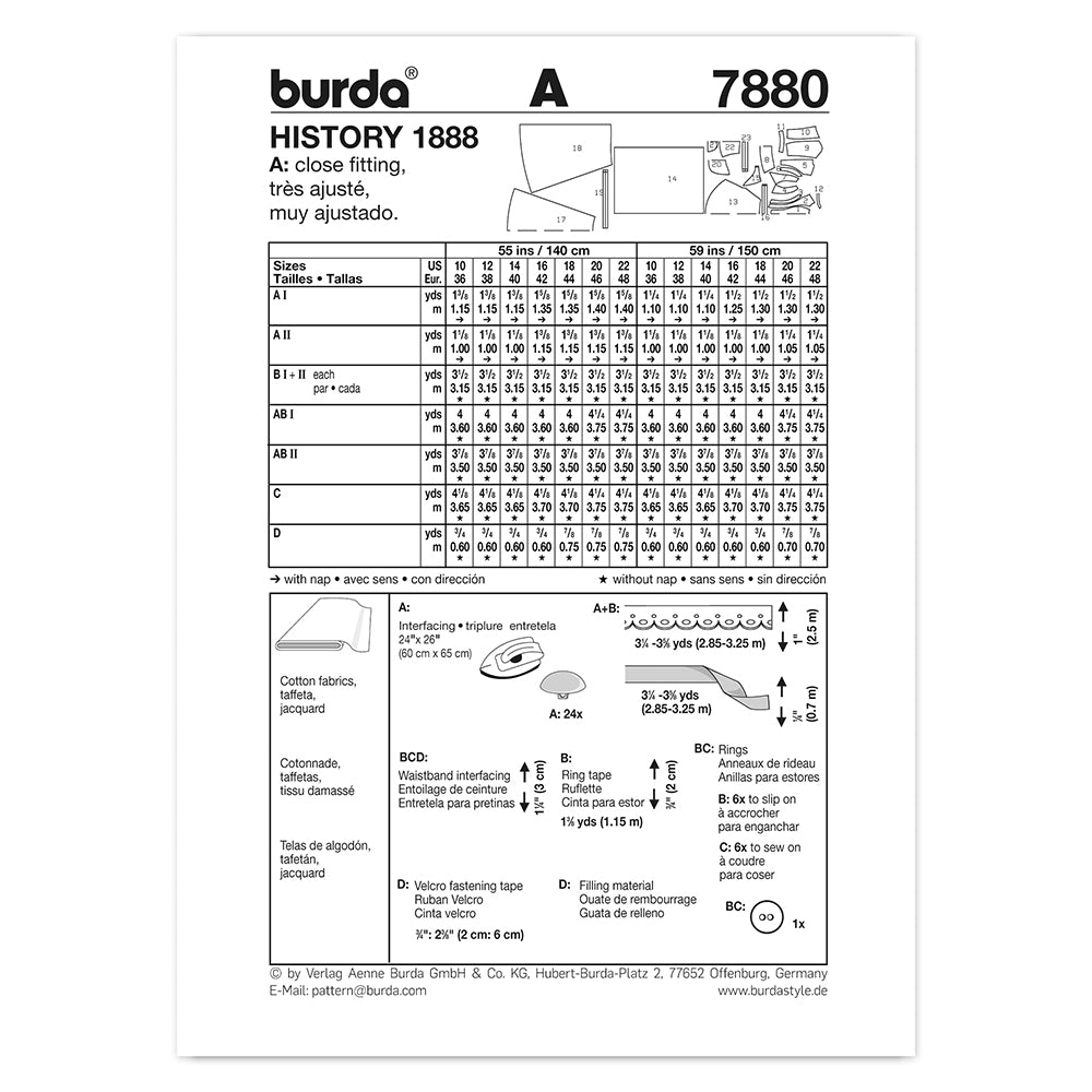 BURDA History 1888 Costume Sewing Pattern 7880, Sizes 10–22