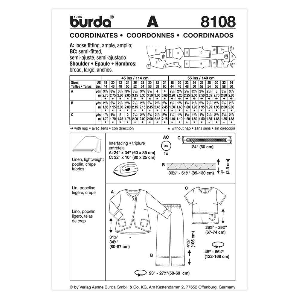BURDA Coordinates Sewing Pattern 8108, Sizes 18–32