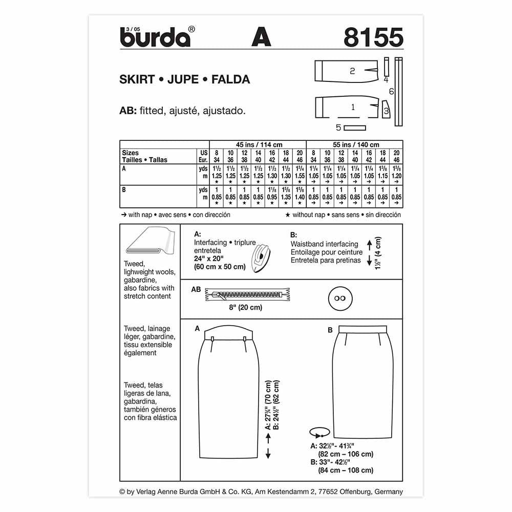BURDA Pencil Skirt Sewing Pattern 8155, 2 Lengths, Sizes 8–20