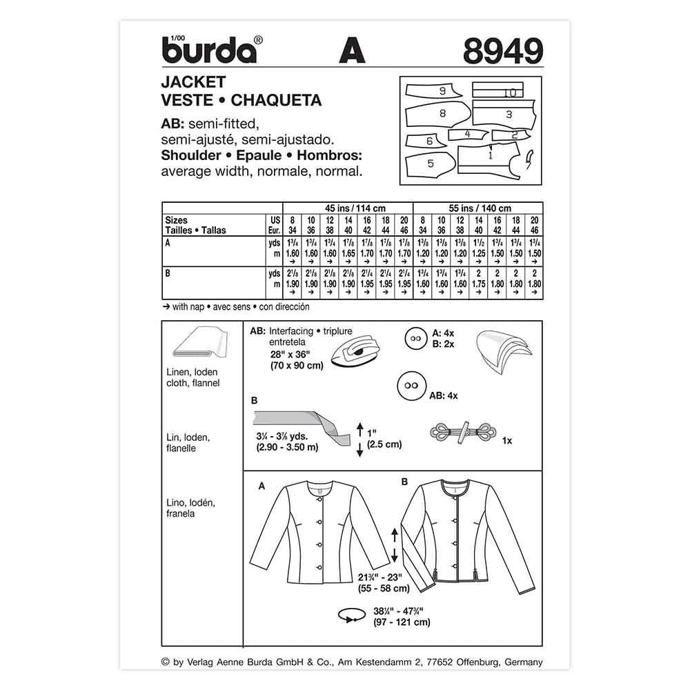 BURDA Sewing Pattern 8949 Collarless Jacket With Panel Seams