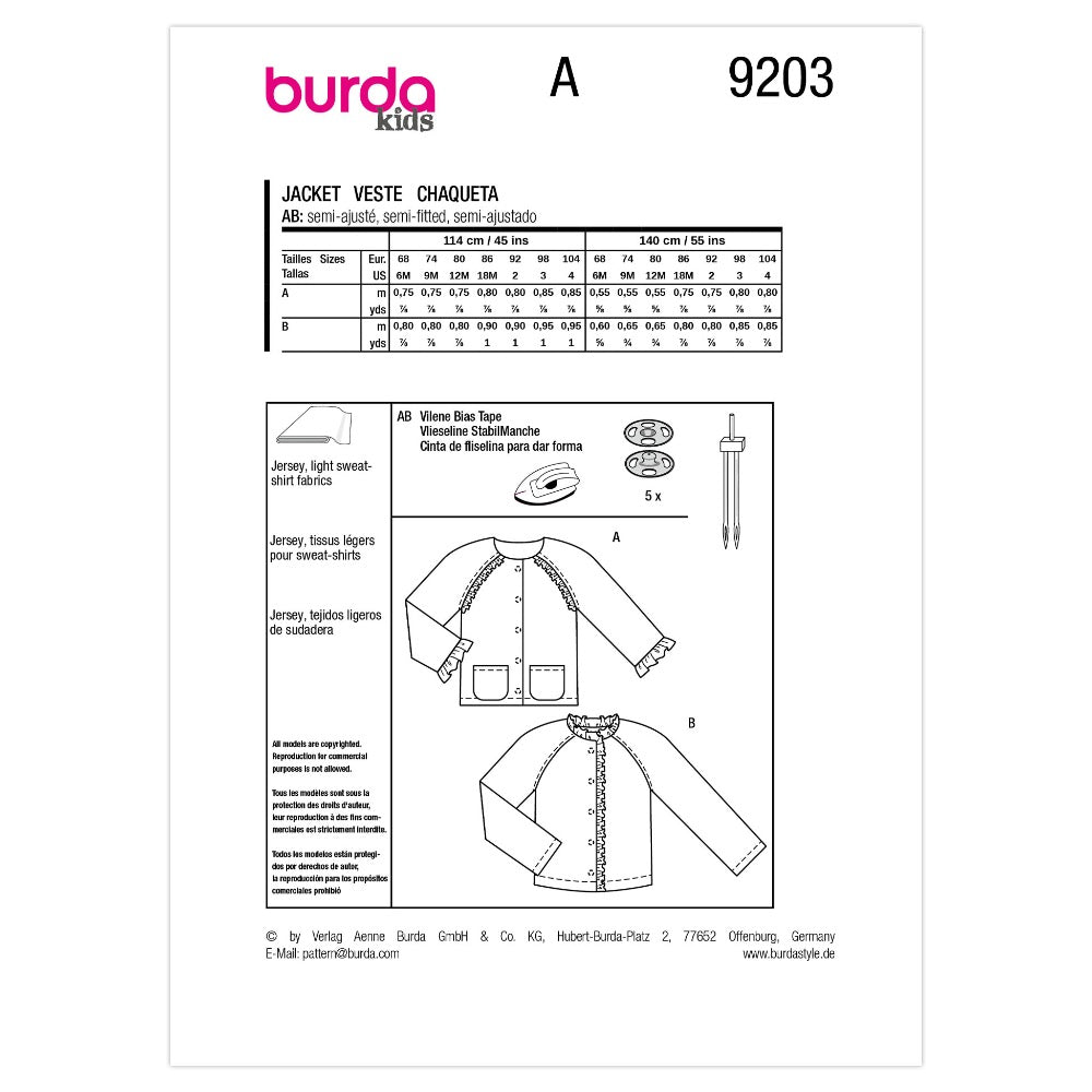 BURDA Sewing Pattern 9203 Children's Jackets (2 Styles)