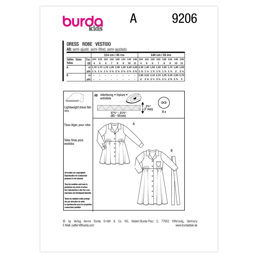 BURDA Sewing Pattern 9206 Children's Dresses (2 Options)