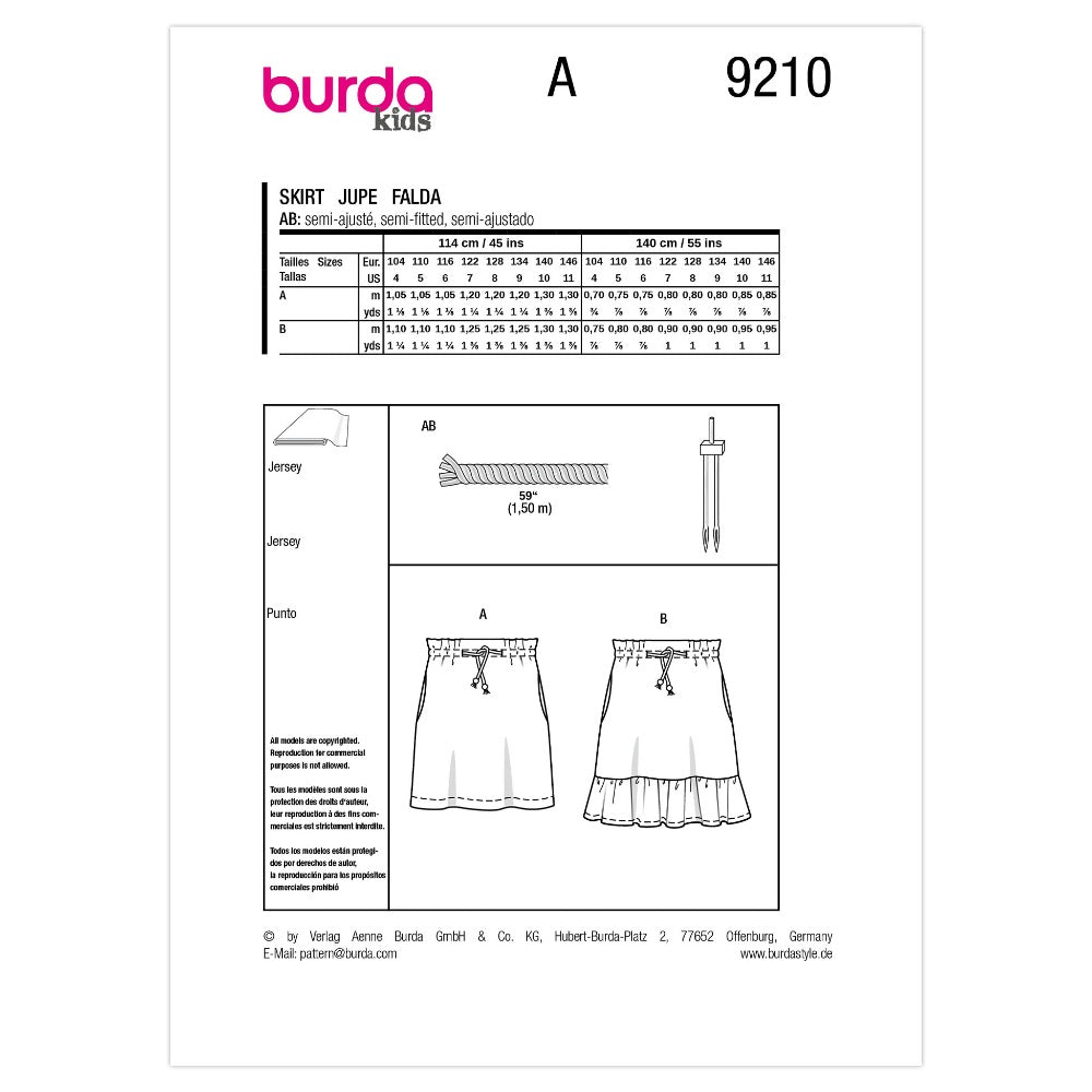 BURDA Sewing Pattern 9210 Children's Mini Skirts (2 Styles)