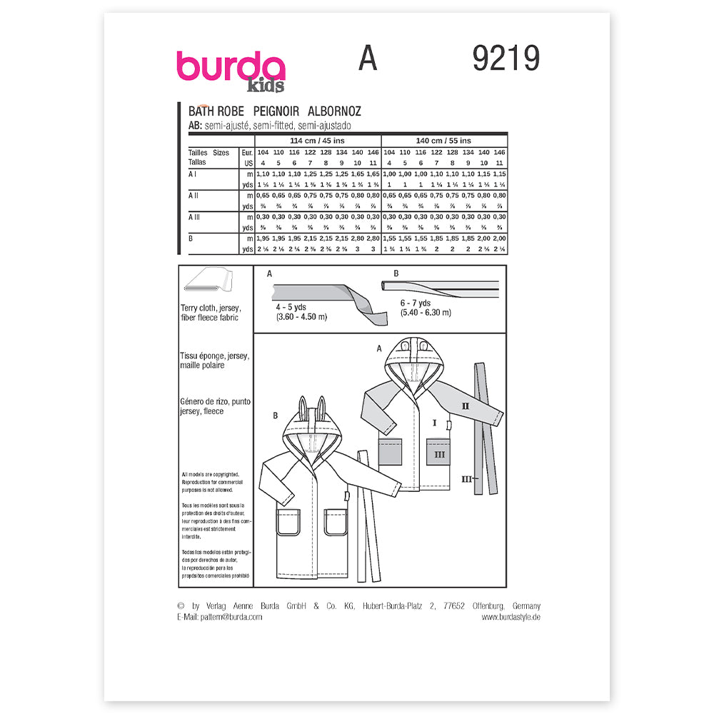 BURDA Sewing Pattern 9219 Children's Bathrobe With Hood