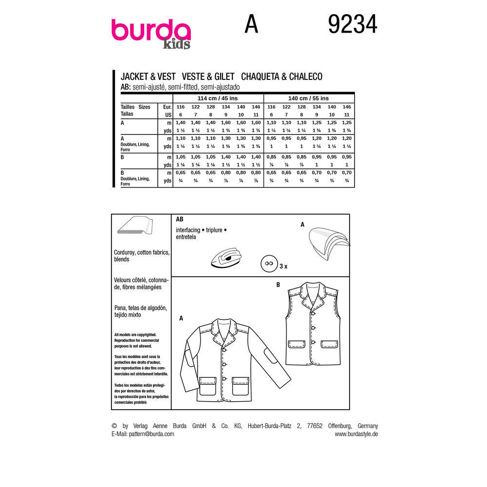 BURDA Sewing Pattern Pattern 9234 Jacket & Waistcoat/vest