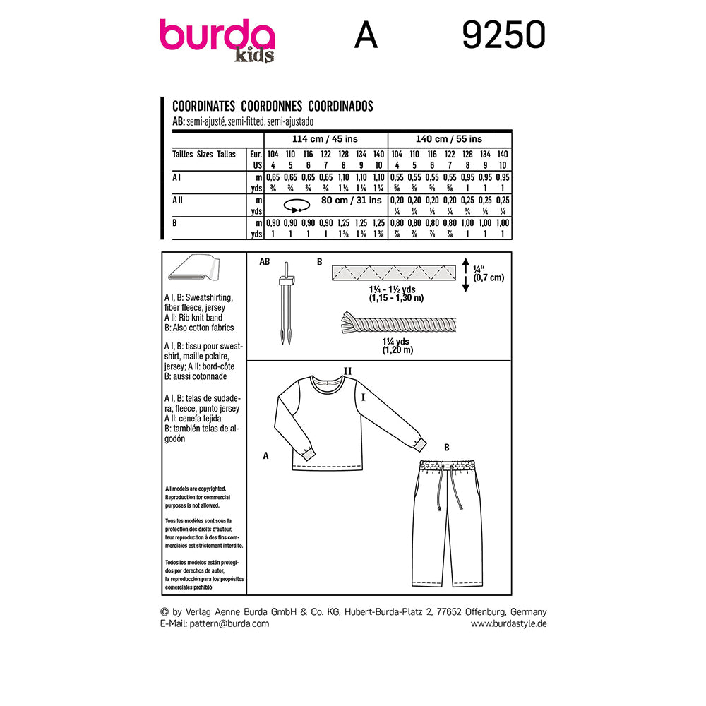 BURDA Sewing Pattern Pattern 9250 Set Kids