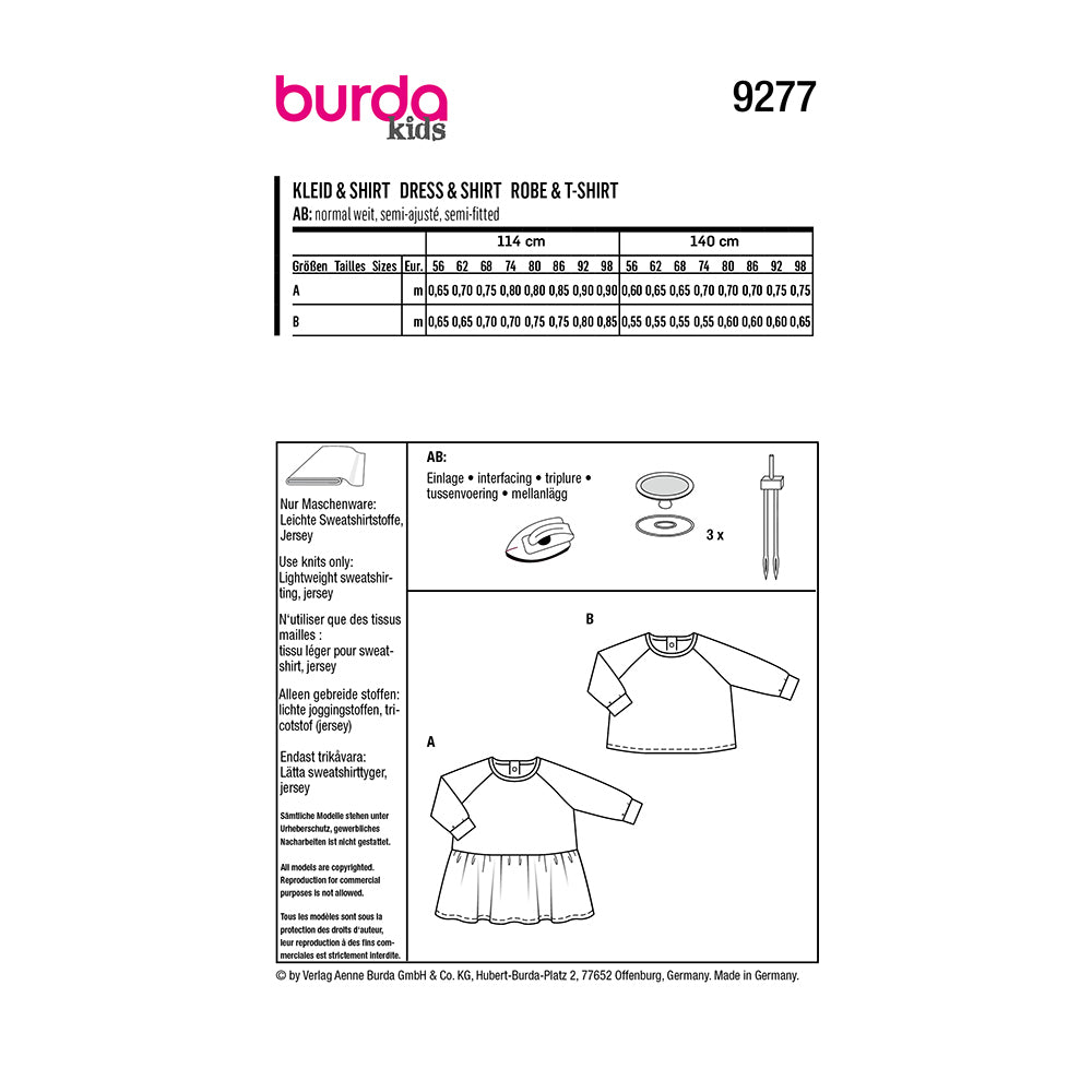 BURDA Sewing Pattern 9277 Baby Raglan Top And Dress