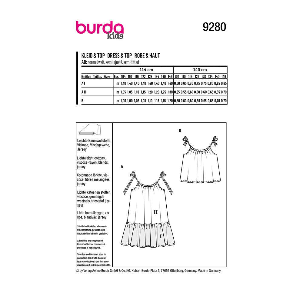 BURDA Sewing Pattern 9280 Kids Tank Top And Frilly Sundress