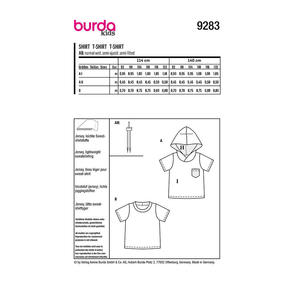 BURDA Sewing Pattern 9283 Short Sleeve Hoodie Top