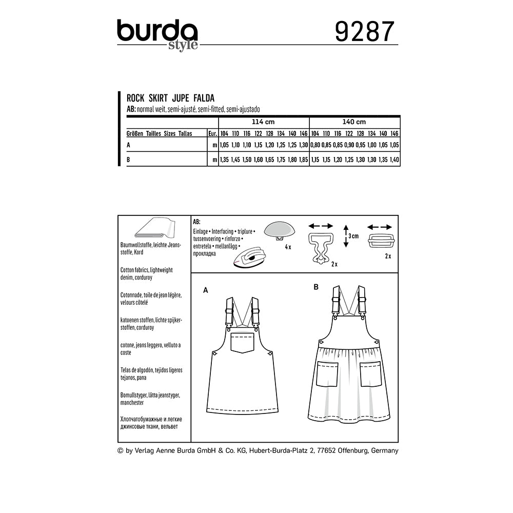 BURDA Sewing Pattern 9287 Pinafore Bibbed Skirt With Straps