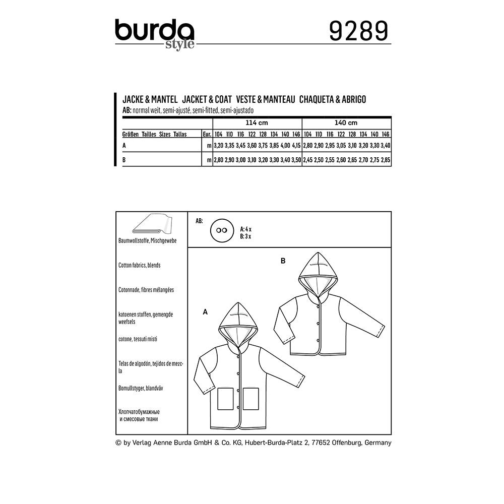 BURDA Sewing Pattern 9289 Kids Hooded Coat Or Jacket