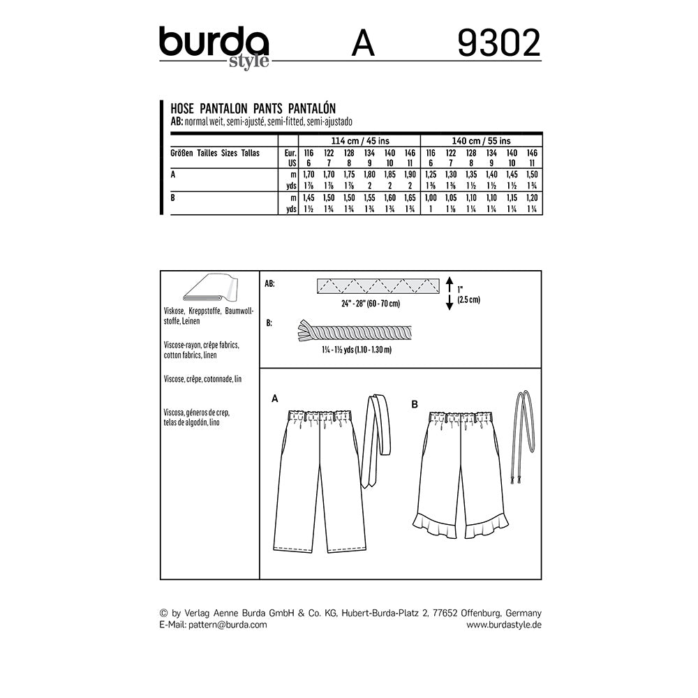 BURDA Sewing Pattern Pattern 9302 Pants With Elastic Waist