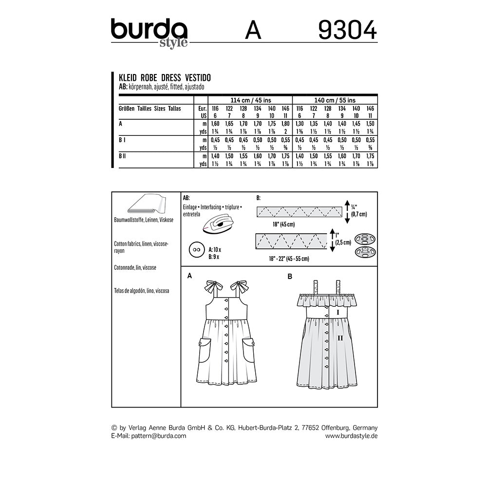 BURDA Sewing Pattern Pattern 9304 Pinafore Dress With Front Button Fastening And Gathered Skirt