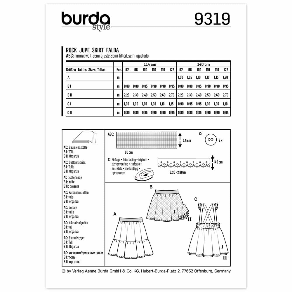 BURDA Sewing Pattern Pattern 9319 Skirt With Elastic Waistband - Pinafore Skirt