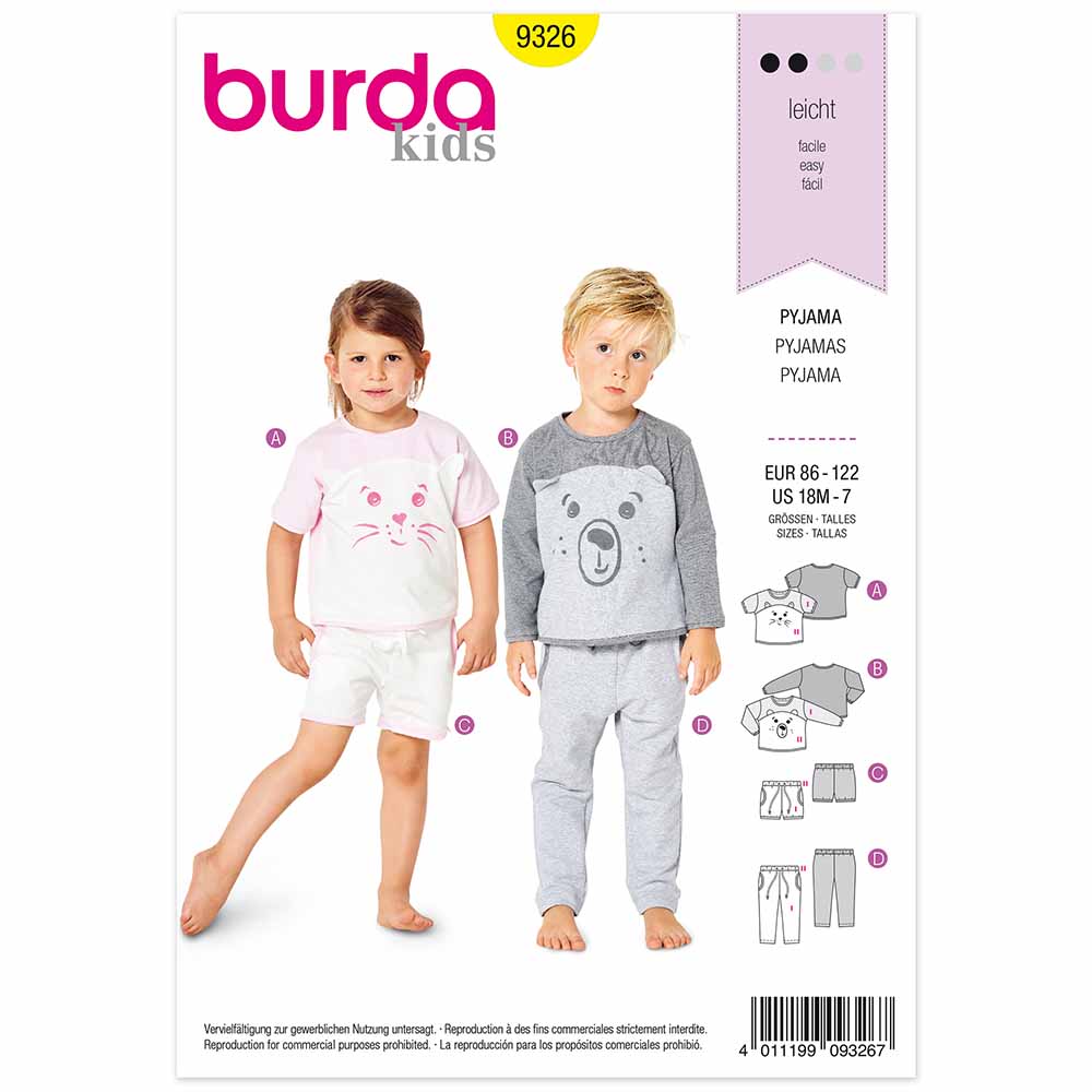 BURDA - 9326 Pyjamas - Top - Elastic Waist Bottoms - Shorts