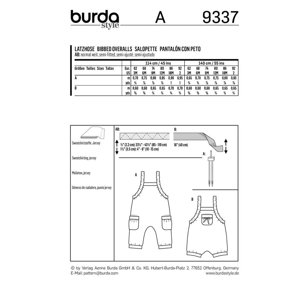 BURDA Sewing Pattern Pattern 9337 Bibbed Trousers/pants With Elastic Casing - Stretch Straps - Leg Bands