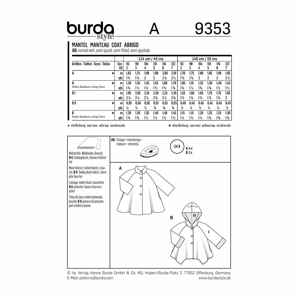BURDA Sewing Pattern Pattern 9353 Child Girl Schoolage