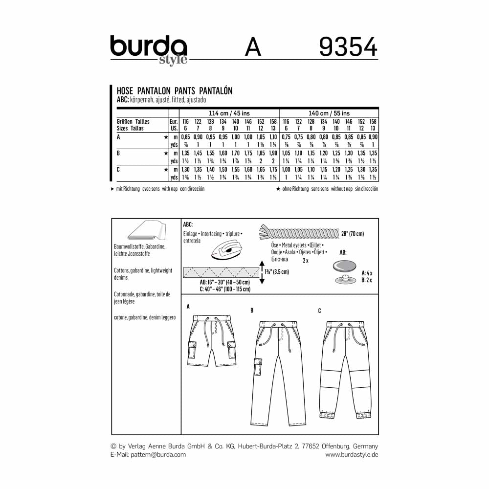 BURDA Sewing Pattern Pattern 9354 Child Boy Schoolage